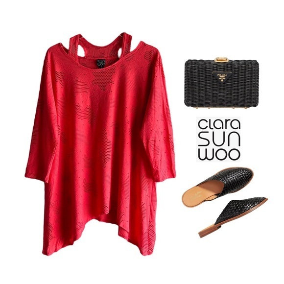 CLARA SUNWOO LASER-CUT ORANGE 3/4 SLEEVE LAGENLOOK HEM TUNIC TOP SZ XL - Picture 1 of 6